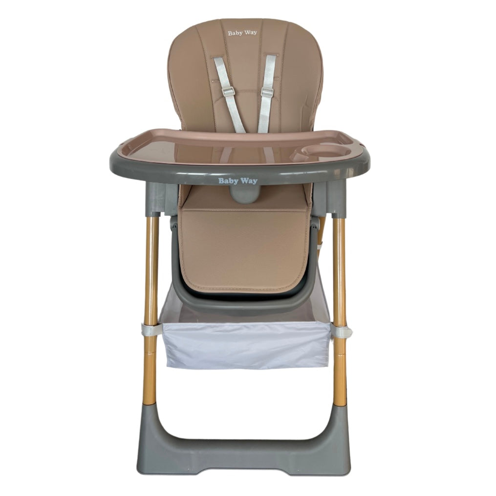 Elevate Adjustable and Folding High Chair with Locking Wheels and Storage Basket - BROWN