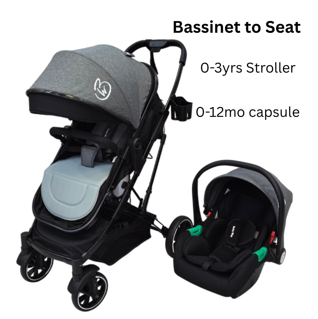 Gold Series 3-in-1 Travel System - Bassinet, Stroller & Car Capsule - Grey/Black