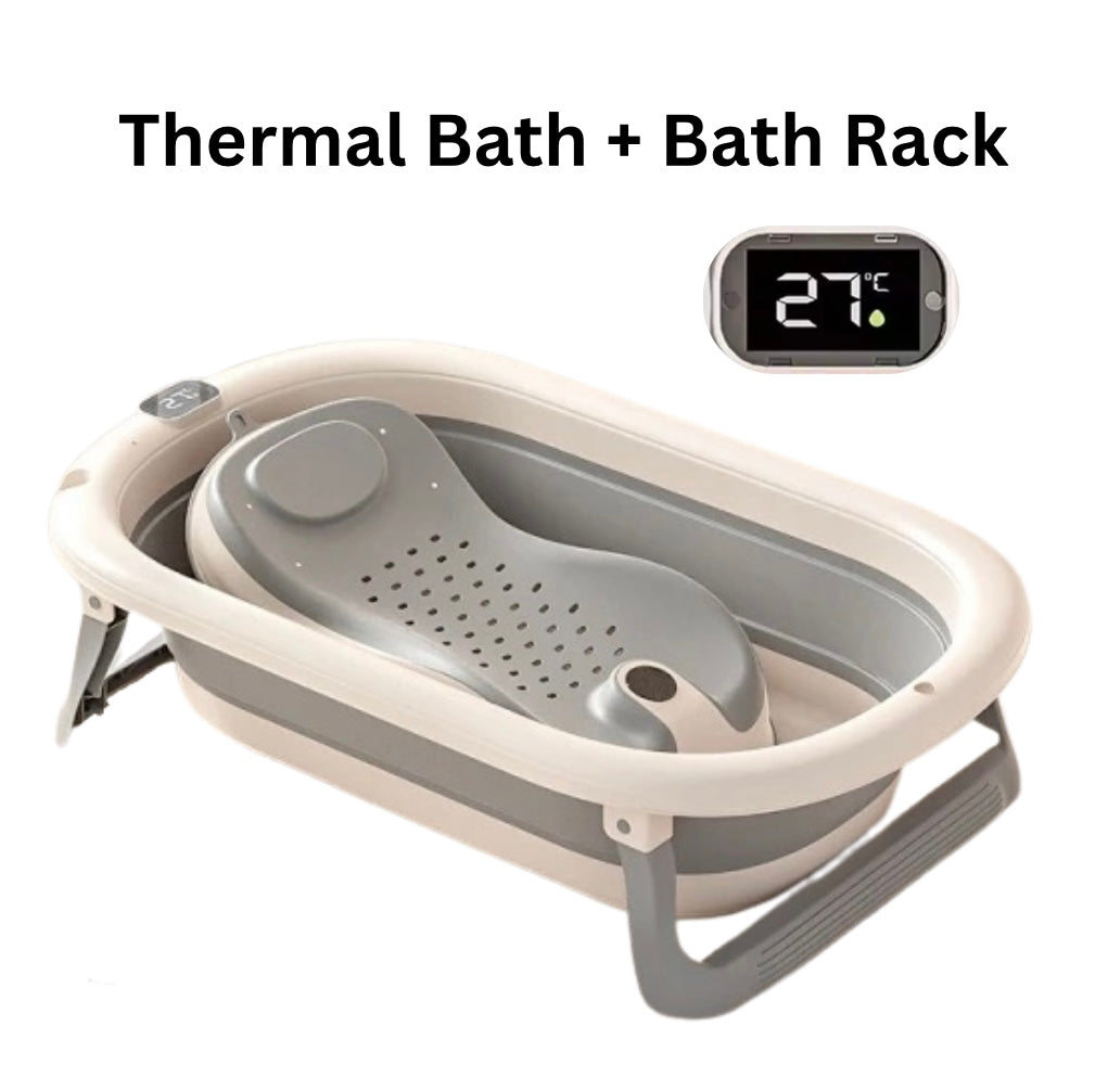 Foldable Baby Bath with Digital Thermometer & Newborn Support Rack (Grey)