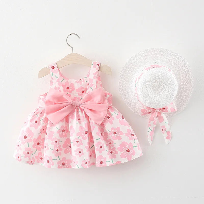 Floral Sling Dress with Bow & Matching Sun Hat Set
