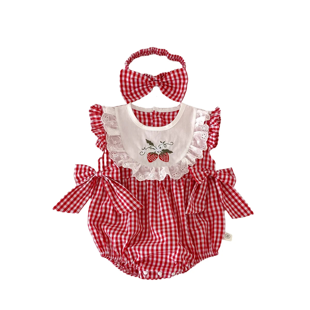 Sweet Strawberry Dreams Baby Romper Set - Adorable Red Plaid with Matching Headband