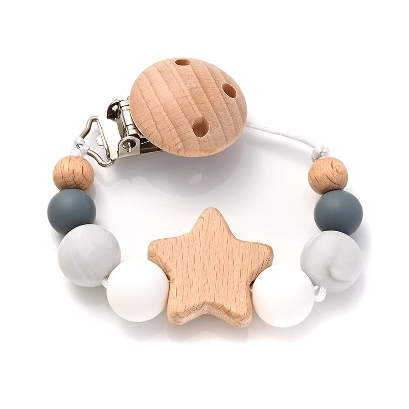 Wooden Star Pacifier Clip - Natural Silicone Teething Chain