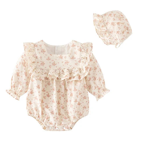 Baby Girl Romper Set with Hat - Korean Style Cotton Outfit