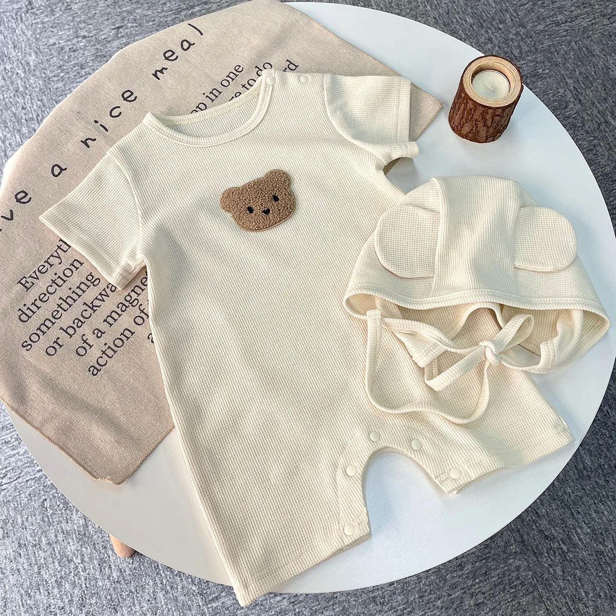 Little Bear Summer Romper Set - Cotton Waffle Jumpsuit with Matching Ear Hat