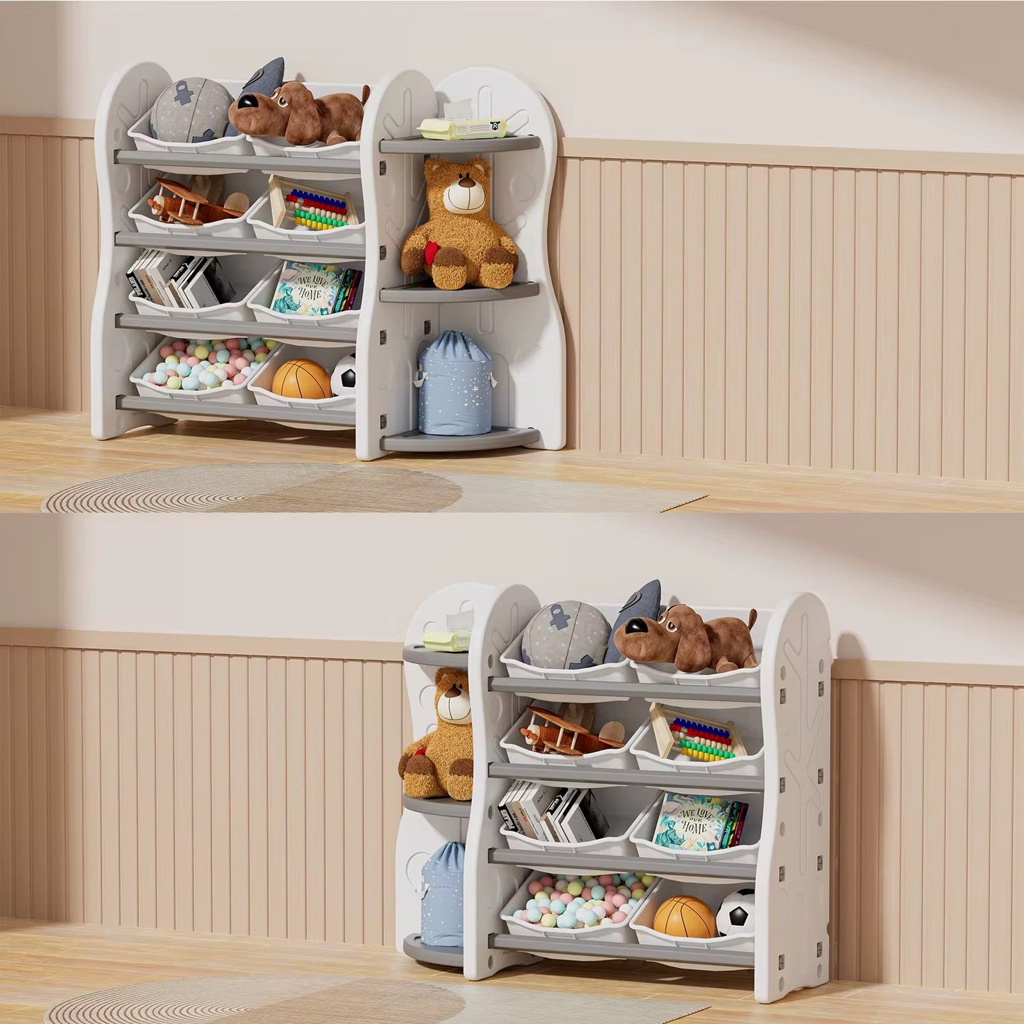 Treehouse Toy & Book Storage Shelf with 8 Bins – Nursery Organizer in White & Grey