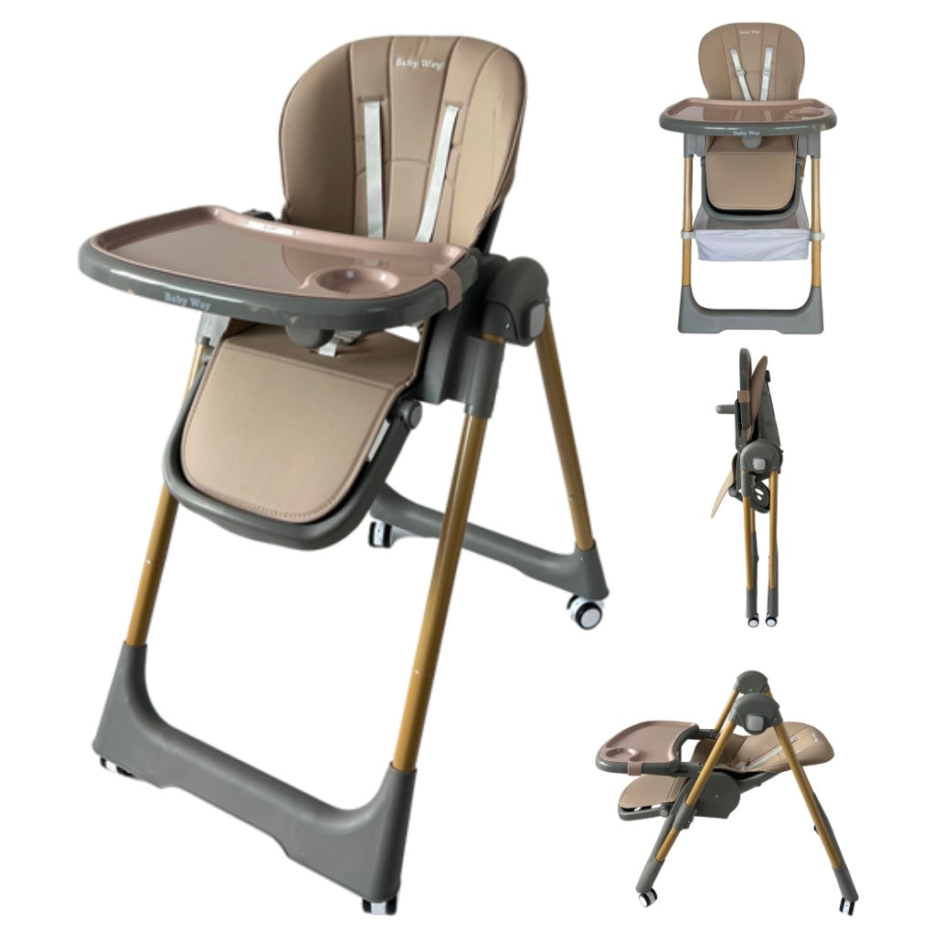 Elevate Adjustable and Folding High Chair with Locking Wheels and Storage Basket - BROWN