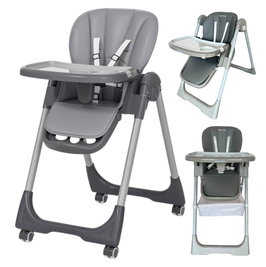 Elevate Adjustable Folding High Chair – Locking Wheels & Storage Basket (Grey)