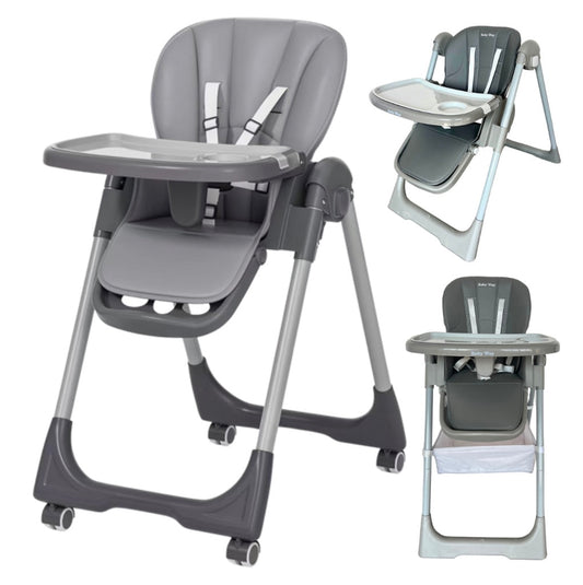 Elevate Adjustable Folding High Chair – Locking Wheels & Storage Basket (Grey)