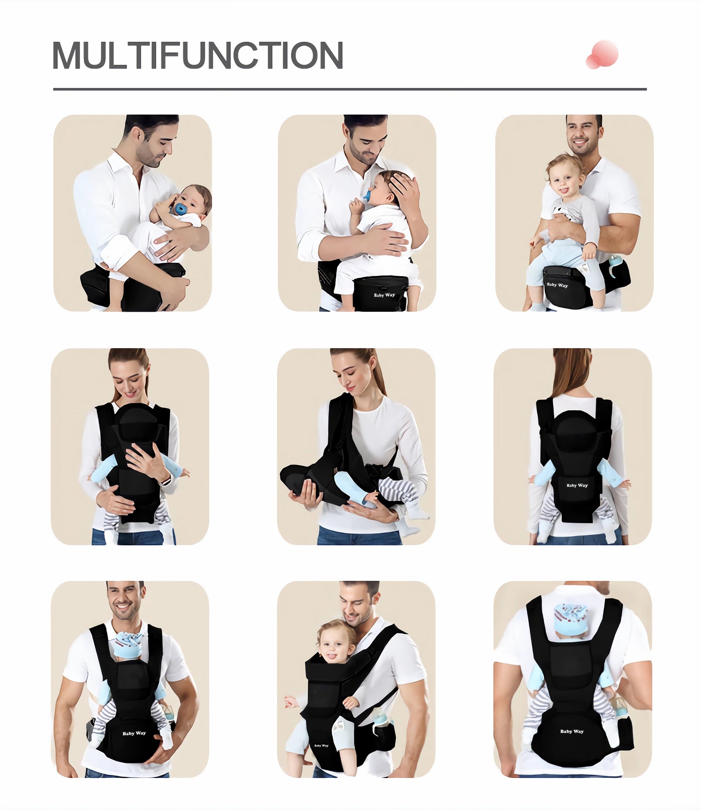 Ergonomic Multi-Function Baby Carrier with Hip Seat | 0-36 Months - BLACK