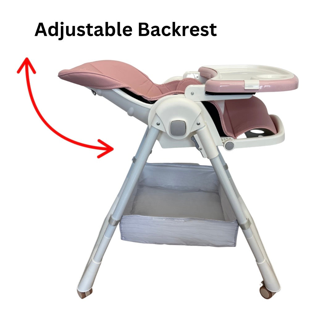 Elevate Adjustable and Folding High Chair with Locking Wheels & Storage Basket - PINK