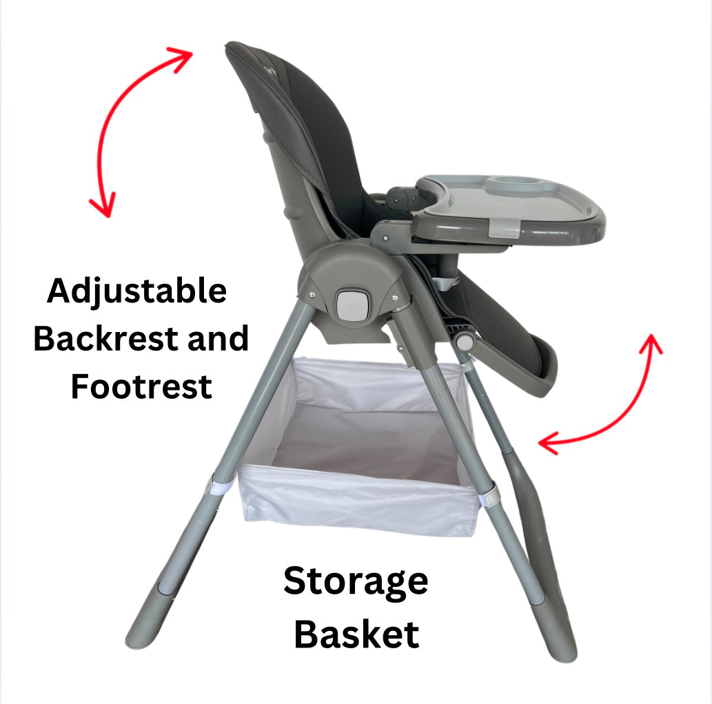 Elevate Adjustable Folding High Chair – Locking Wheels & Storage Basket (Grey)