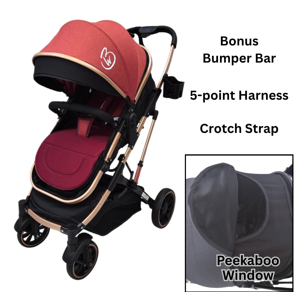 Gold Series 3-in-1 Travel System – Premium Stroller, Bassinet & Capsule Bundle in Red/Gold