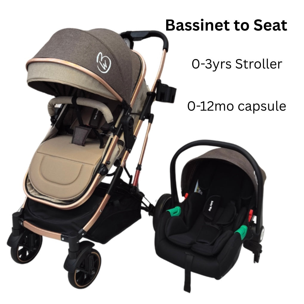 Gold Series 3-in-1 Travel System – Stroller, Bassinet & Capsule Bundle in Beige/Gold