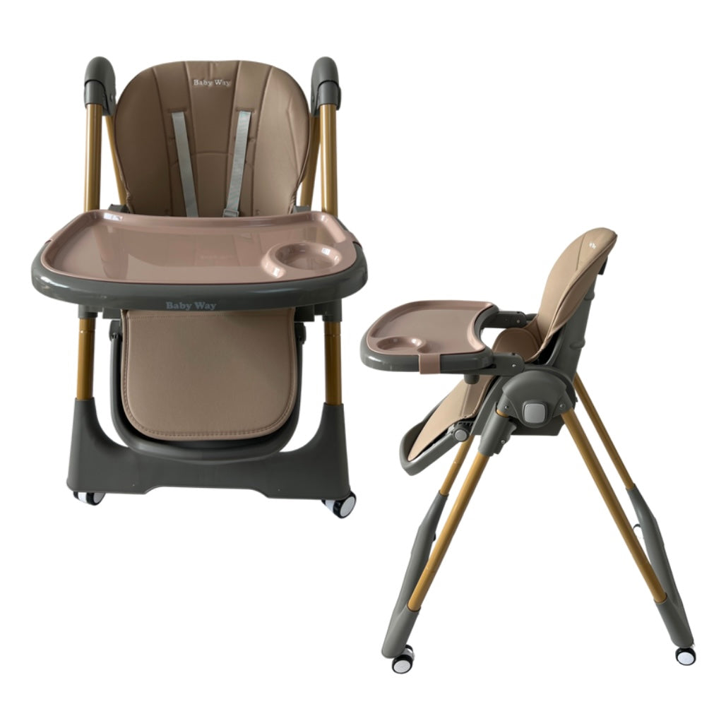 Elevate Adjustable and Folding High Chair with Locking Wheels and Storage Basket - BROWN