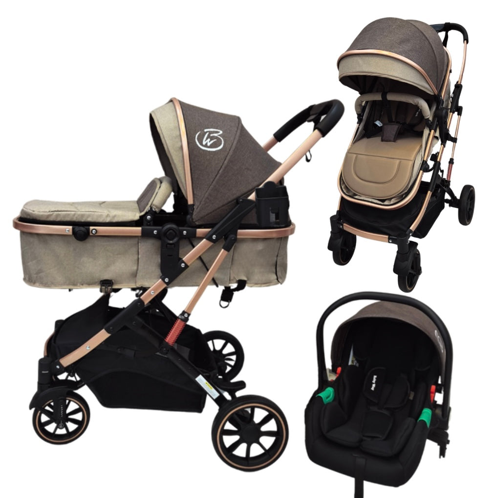 Gold Series 3-in-1 Travel System – Stroller, Bassinet & Capsule Bundle in Beige/Gold