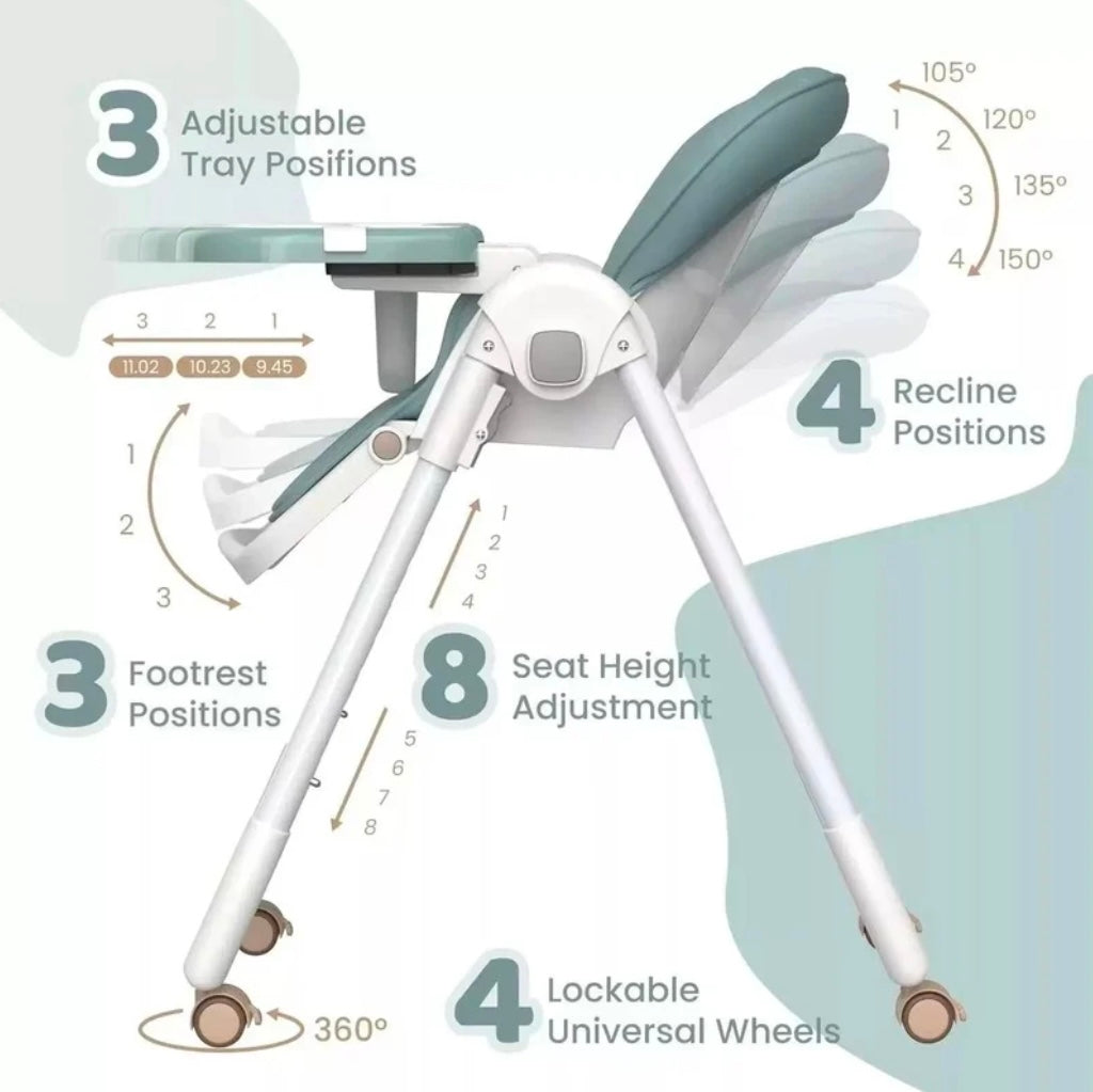 Elevate Adjustable Folding High Chair – Locking Wheels & Storage Basket (Grey)