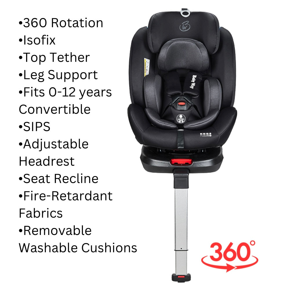 Classic 360 Rotating and Convertible Car Seat with ISOFIX and Leg Support - BLACK