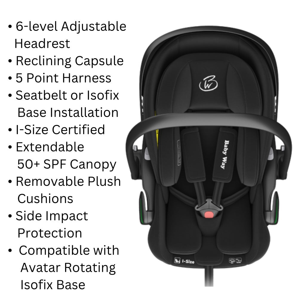 Crown i-Size Reclining Capsule Car Seat with 6-level Adjustable Headrest - BLACK
