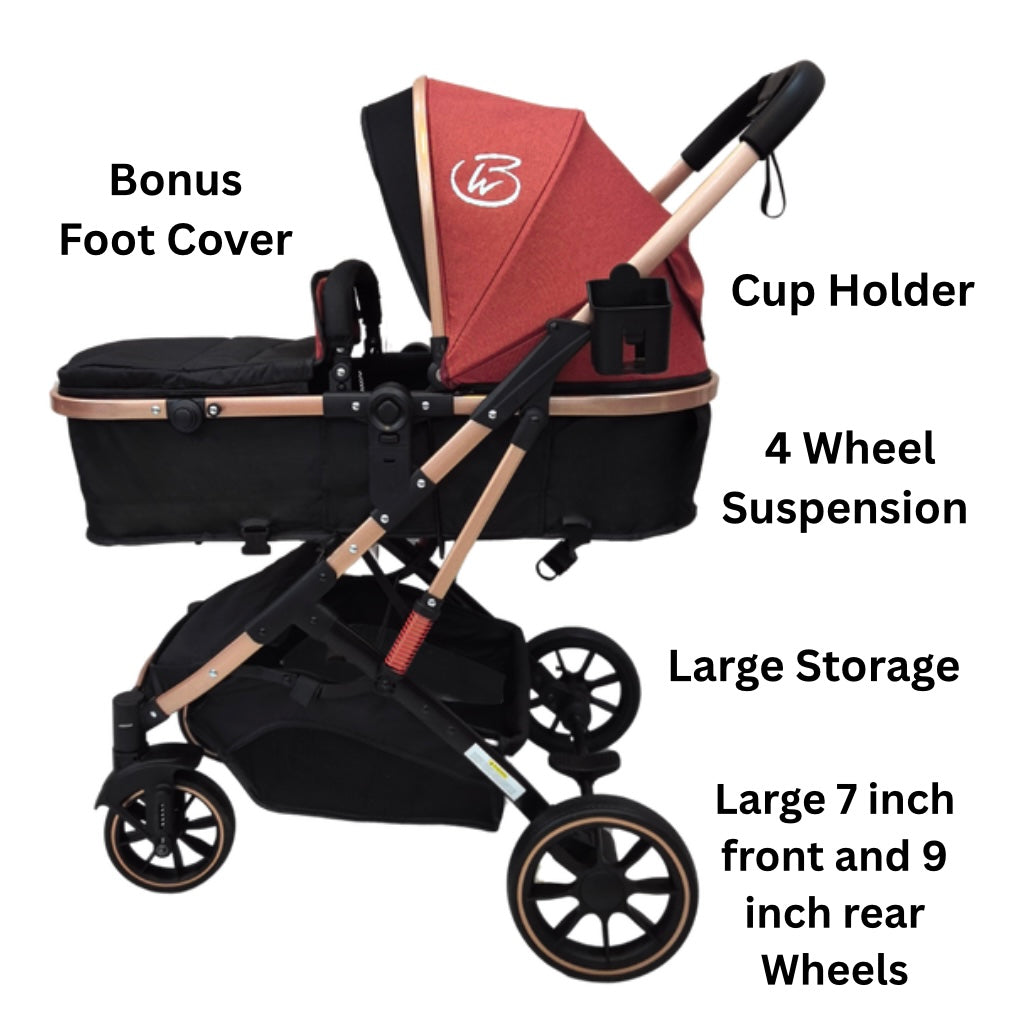 Gold Series 3-in-1 Travel System – Premium Stroller, Bassinet & Capsule Bundle in Red/Gold