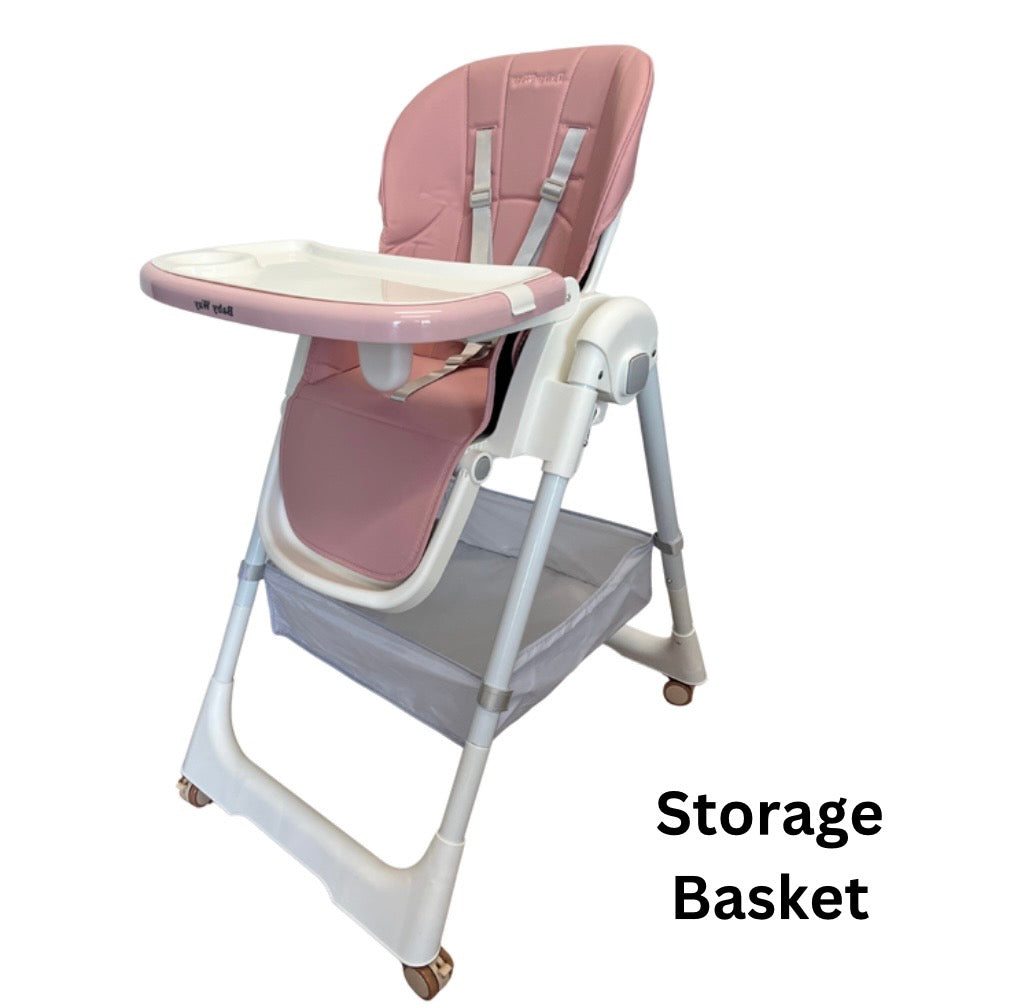 Elevate Adjustable and Folding High Chair with Locking Wheels & Storage Basket - PINK