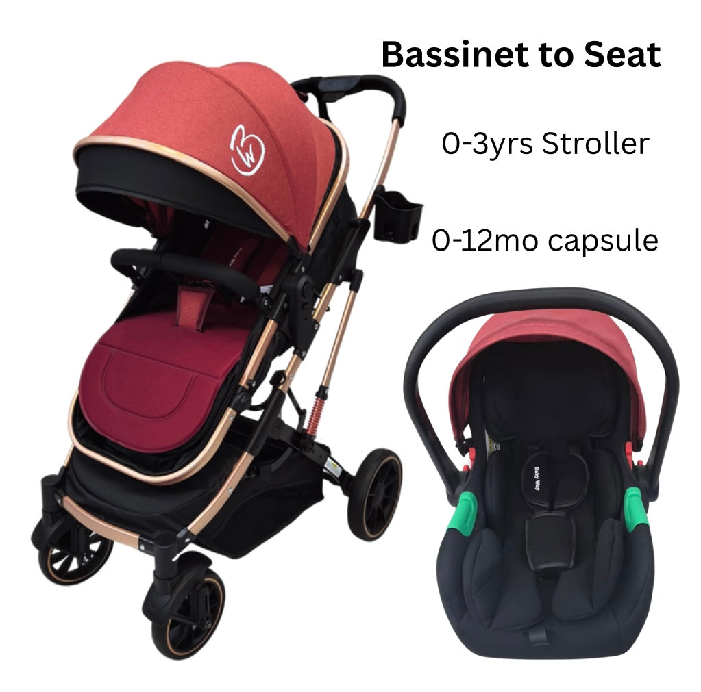 Gold Series 3-in-1 Travel System – Premium Stroller, Bassinet & Capsule Bundle in Red/Gold