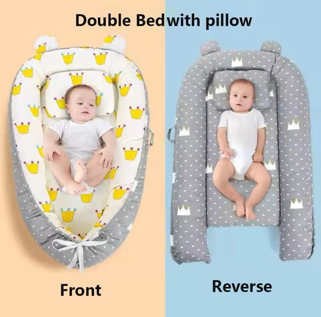 Reversible Baby Lounger with Pillow – Adjustable Portable Baby Bed & Bassinet