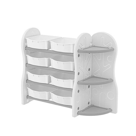 Treehouse Toy & Book Storage Shelf with 8 Bins – Nursery Organizer in White & Grey