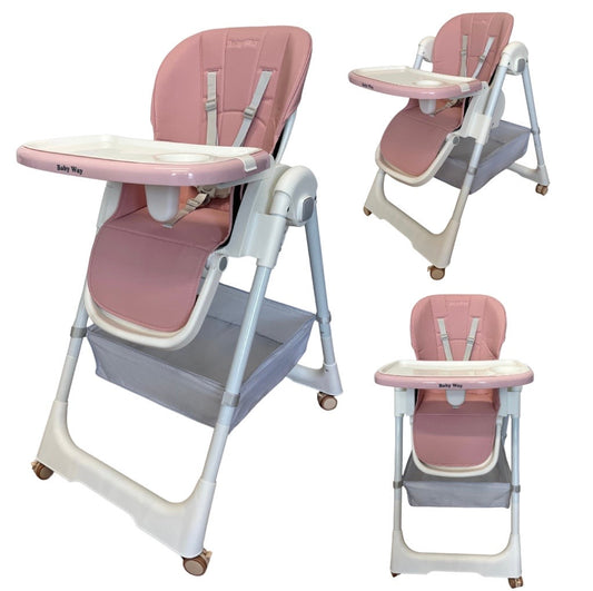 Elevate Adjustable and Folding High Chair with Locking Wheels & Storage Basket - PINK