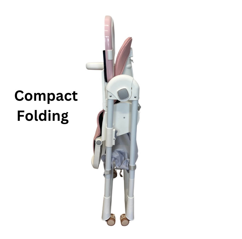 Elevate Adjustable and Folding High Chair with Locking Wheels & Storage Basket - PINK