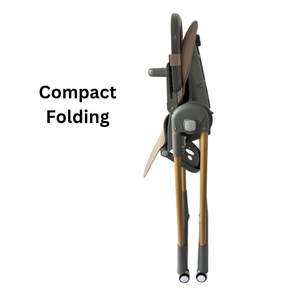 Elevate Adjustable and Folding High Chair with Locking Wheels and Storage Basket - BROWN