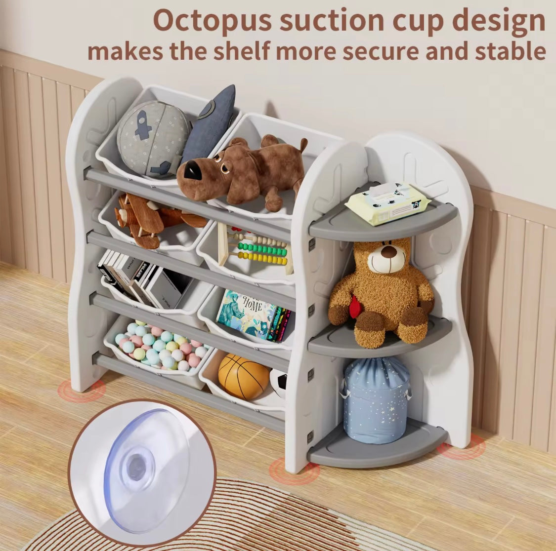 Treehouse Toy & Book Storage Shelf with 8 Bins – Nursery Organizer in White & Grey