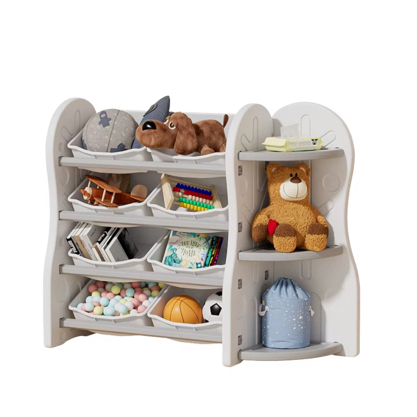 Treehouse Toy & Book Storage Shelf with 8 Bins – Nursery Organizer in White & Grey
