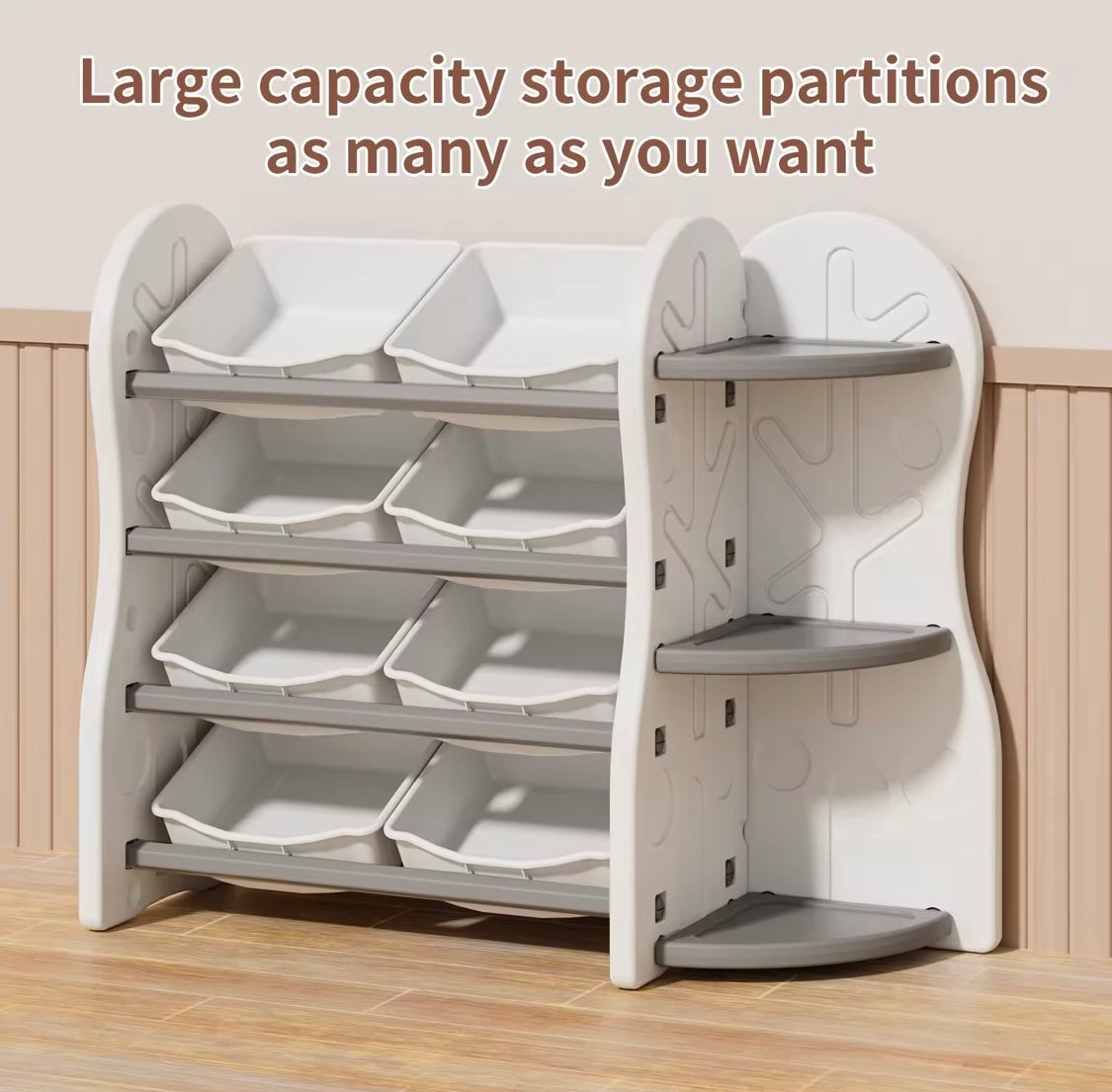 Treehouse Toy & Book Storage Shelf with 8 Bins – Nursery Organizer in White & Grey