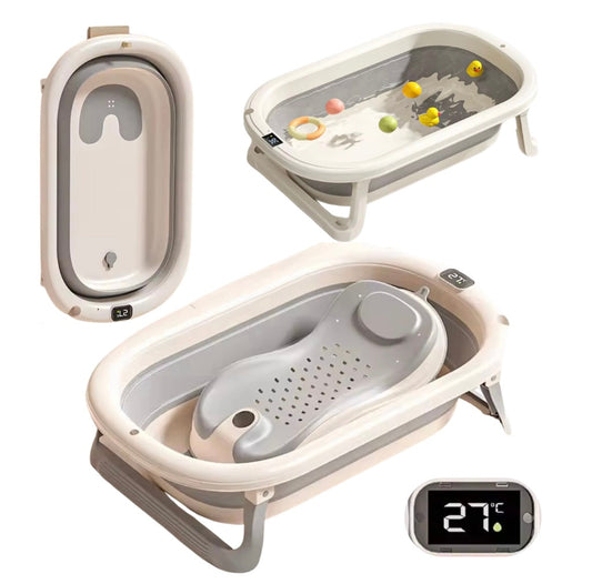Foldable Baby Bath with Digital Thermometer & Newborn Support Rack (Grey)
