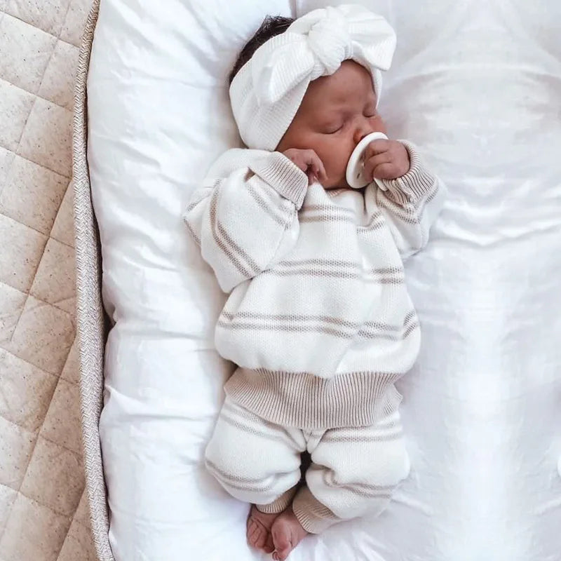 Cozy Winter Baby Knit Set - Striped Pullover & Pants for 0-3T