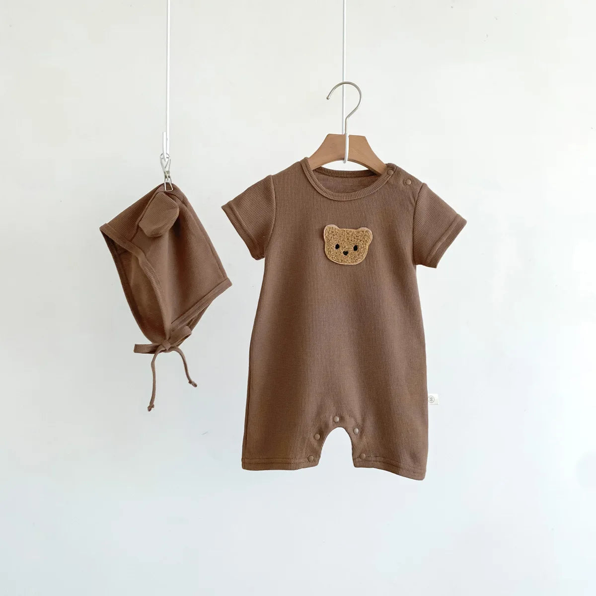 Little Bear Summer Romper Set - Cotton Waffle Jumpsuit with Matching Ear Hat