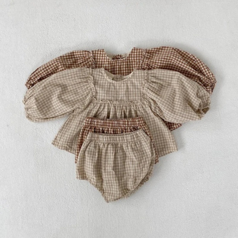 Spring Baby Girl Plaid Outfit Set - Cotton Blouse & Shorts
