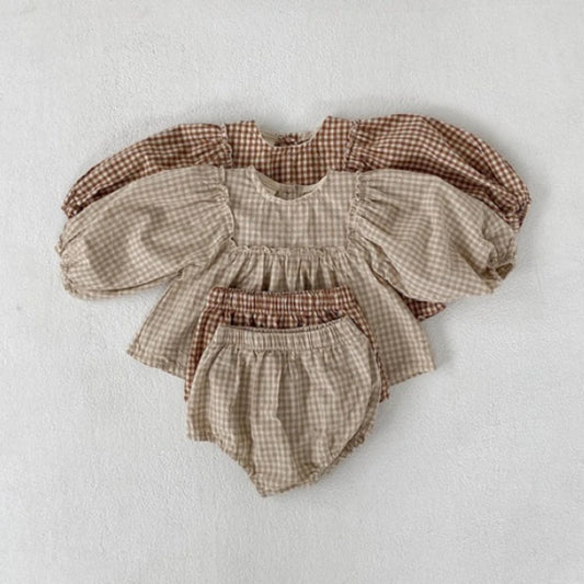 Spring Baby Girl Plaid Outfit Set - Cotton Blouse & Shorts