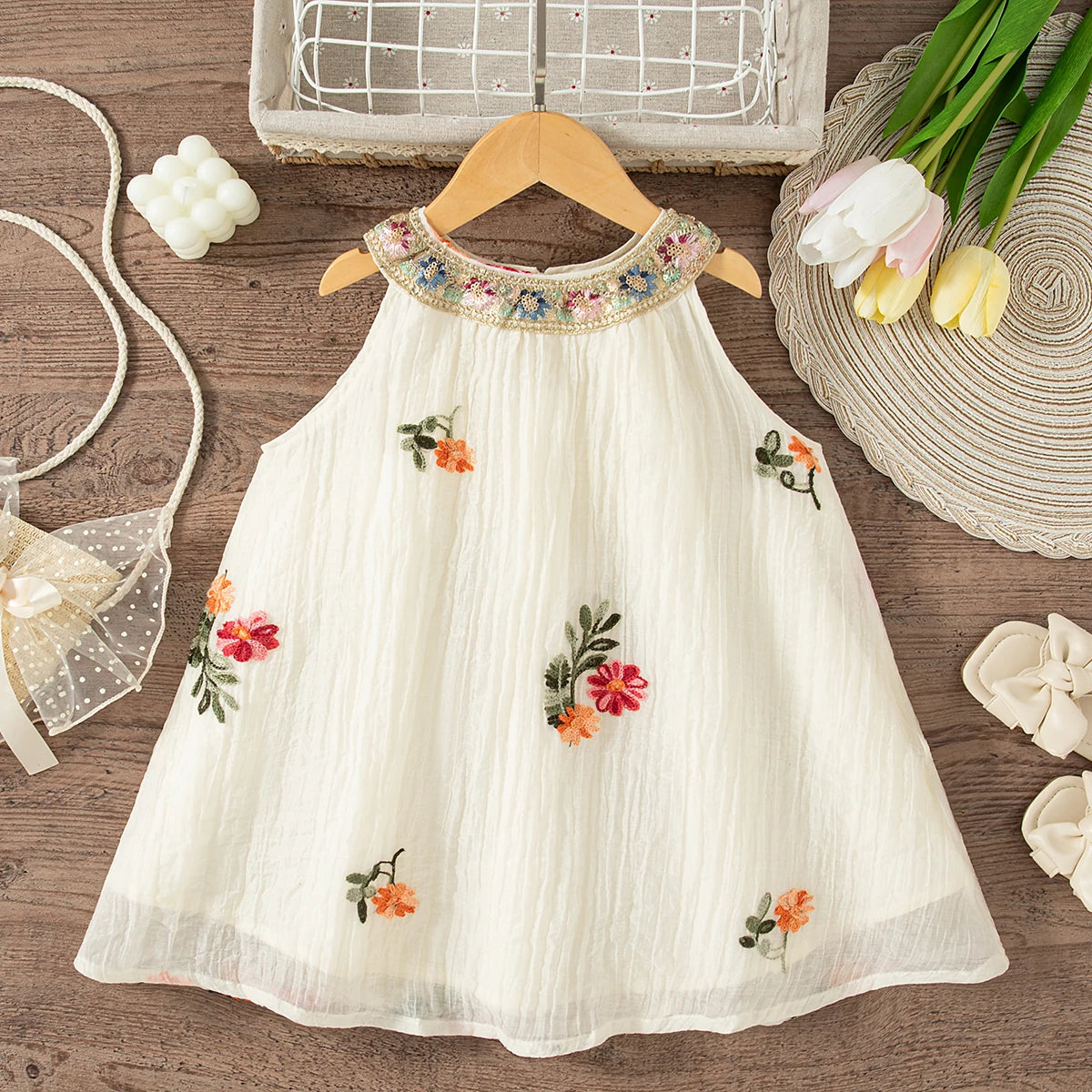 Flower Embroidery Baby Girl Summer Dress - Cotton Beach Dress