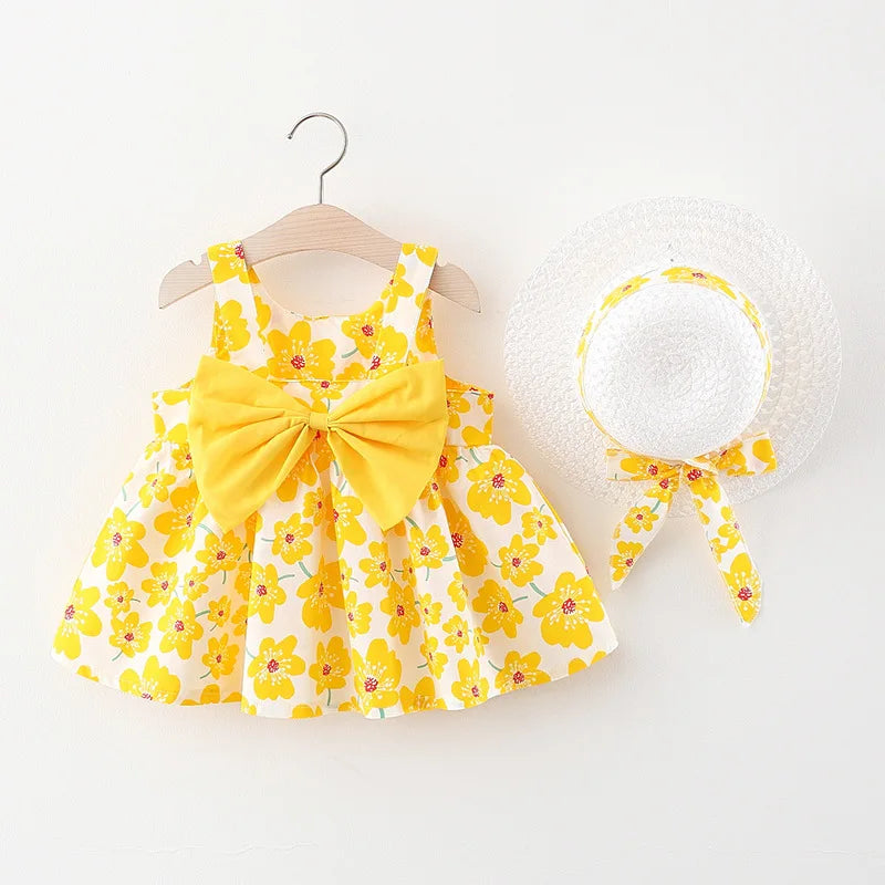 Floral Sling Dress with Bow & Matching Sun Hat Set