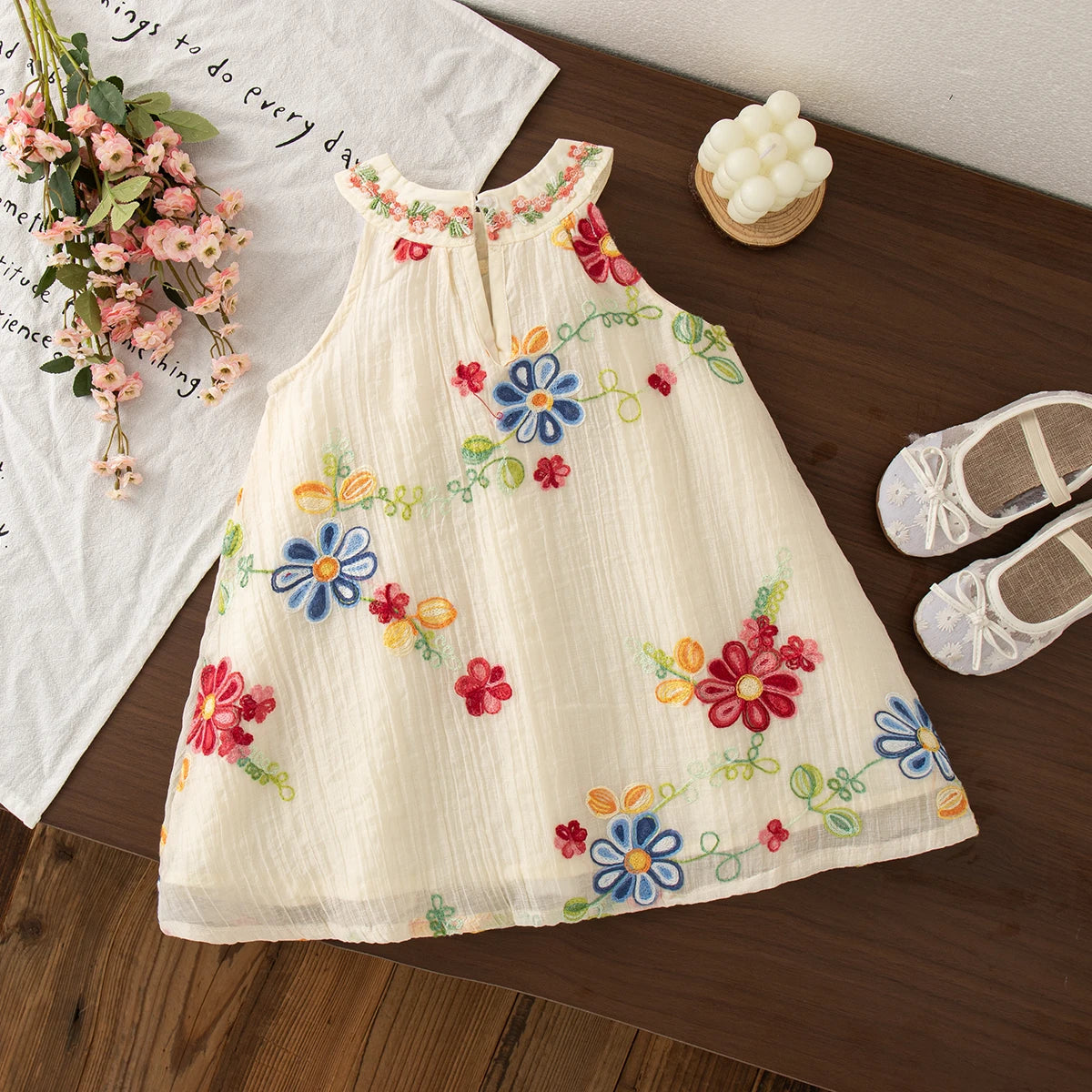 Flower Embroidery Baby Girl Summer Dress - Cotton Beach Dress