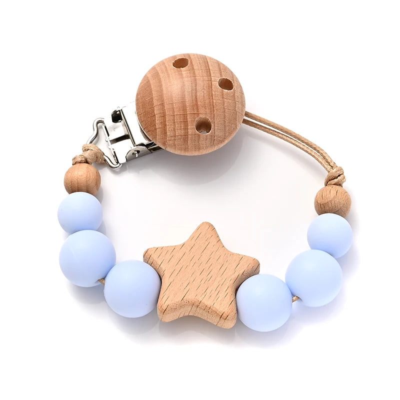 Wooden Star Pacifier Clip - Natural Silicone Teething Chain