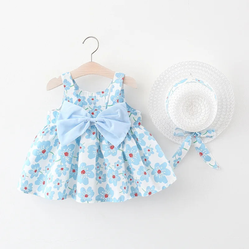 Floral Sling Dress with Bow & Matching Sun Hat Set