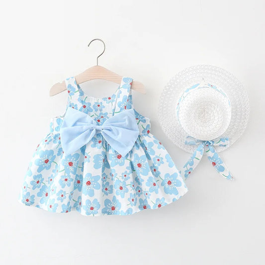 Floral Sling Dress with Bow & Matching Sun Hat Set