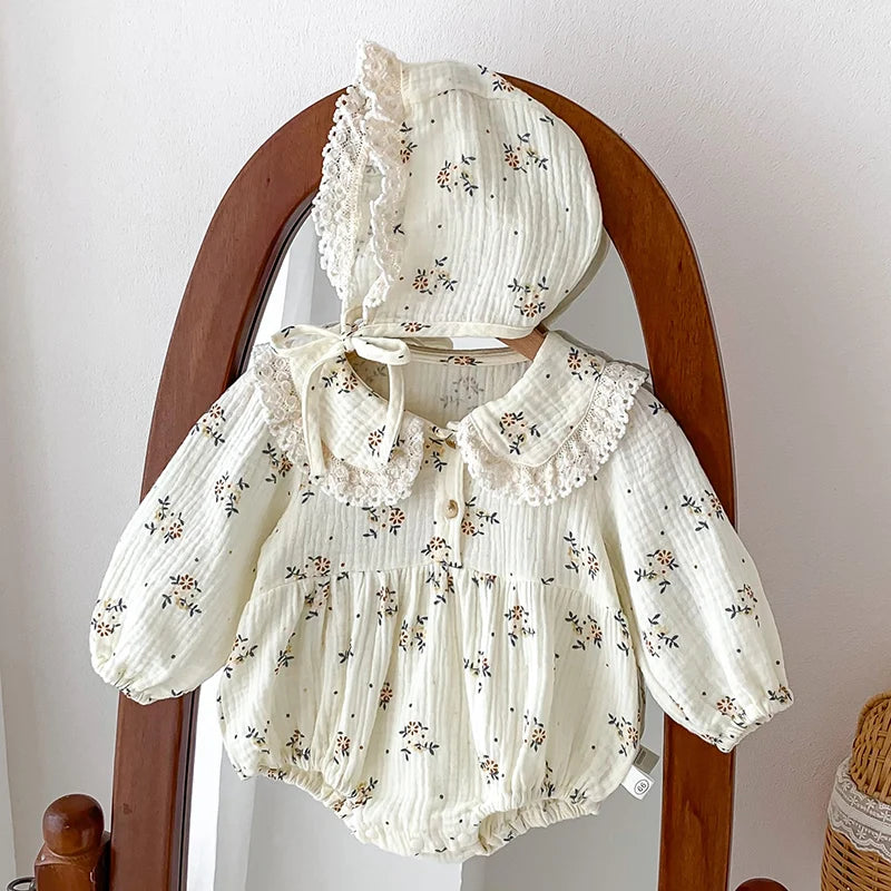 Cotton Spring Baby Girl Bodysuit & Hat Set - Floral Print Romper