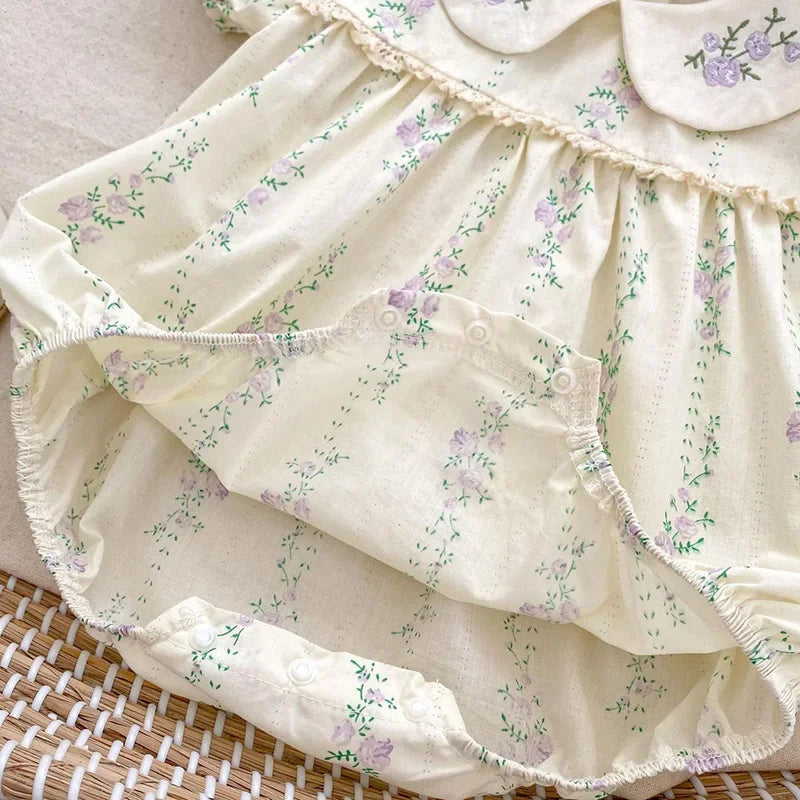 Purple Flower Baby Girl Romper - Embroidered Cotton Summer Jumpsuit
