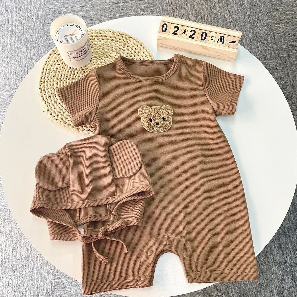 Little Bear Summer Romper Set - Cotton Waffle Jumpsuit with Matching Ear Hat