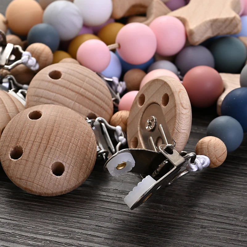 Wooden Star Pacifier Clip - Natural Silicone Teething Chain