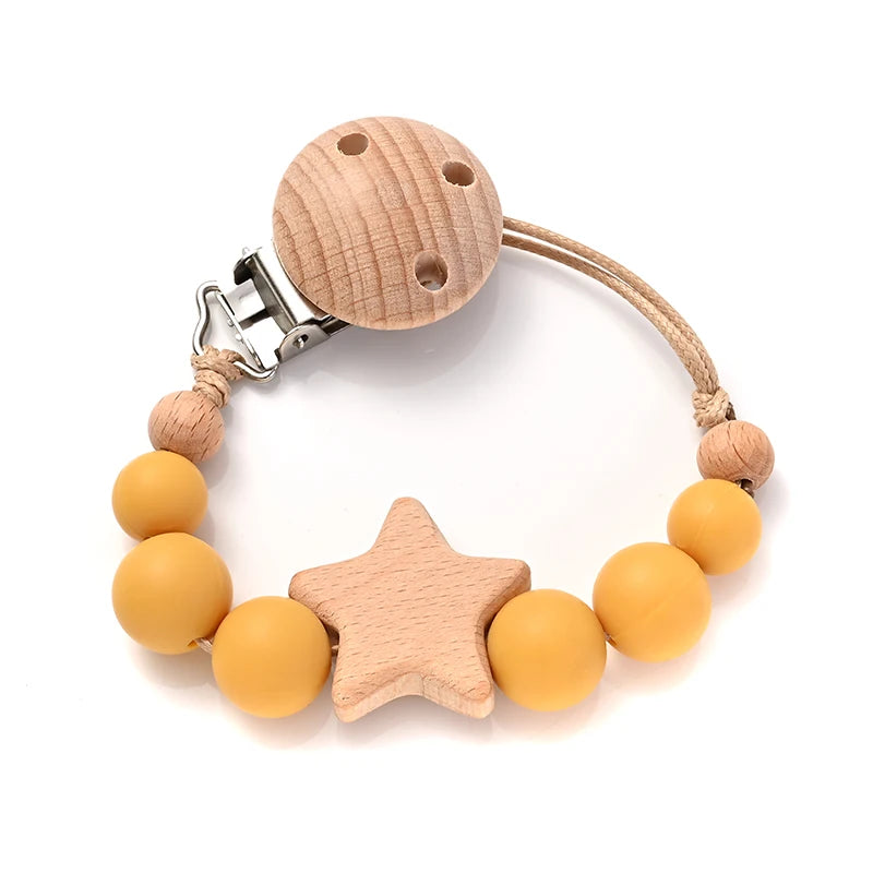Wooden Star Pacifier Clip - Natural Silicone Teething Chain
