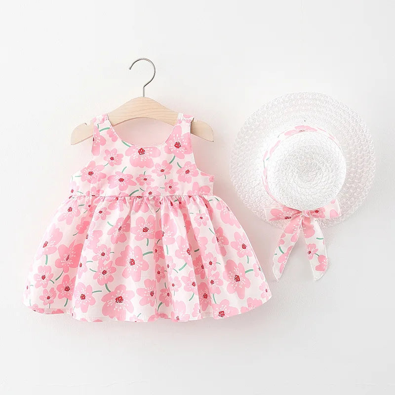Floral Sling Dress with Bow & Matching Sun Hat Set